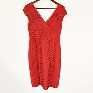 Adrianna Papell Coral Red Pintuck V-Neck Sleeveless Dress